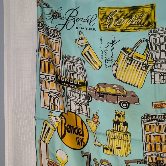 Henri Bendel 100% Silk Scarf, NYC motif, 34"X34"  Aqua Background - Picture 5 of 7